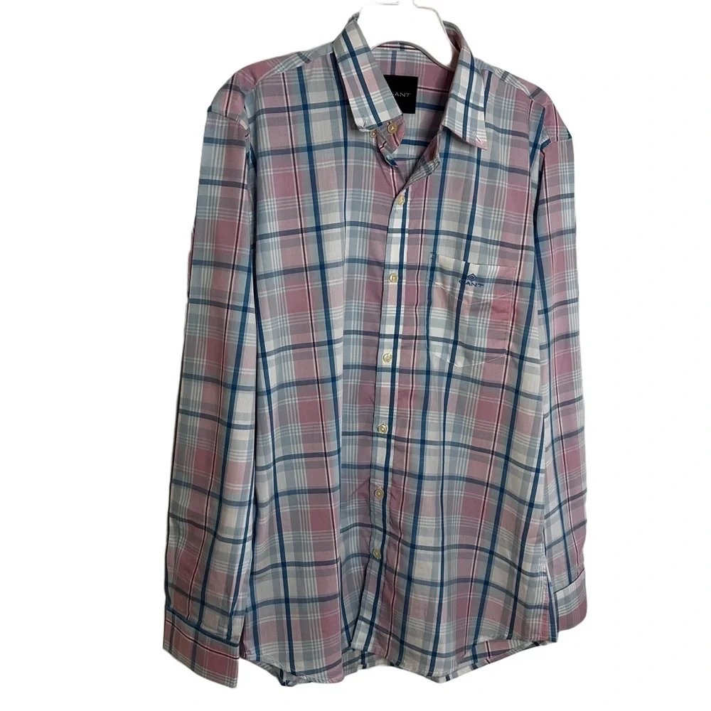 GANT Men’s L/S Button Down Shirt, Cotton, Size XL / 42, Pink & Blue Plaid - Picture 1 of 7